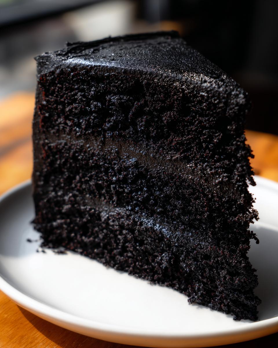 A dramatic, close-up slice of rich black velvet halloween cake with dark frosting on a white plate.