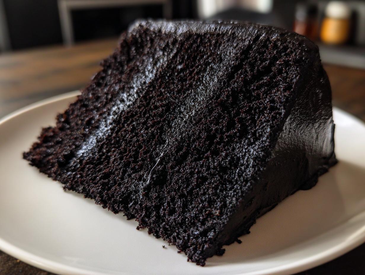 Close-up of a rich, dark slice of black velvet Halloween cake with deep, moist crumb.