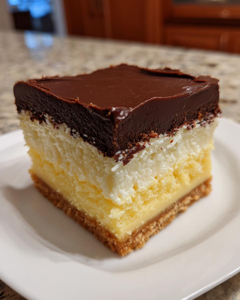 A square slice of Boston Cream Pie Fudge on a white plate, featuring layers of crust, custard, cream, and chocolate ganache.