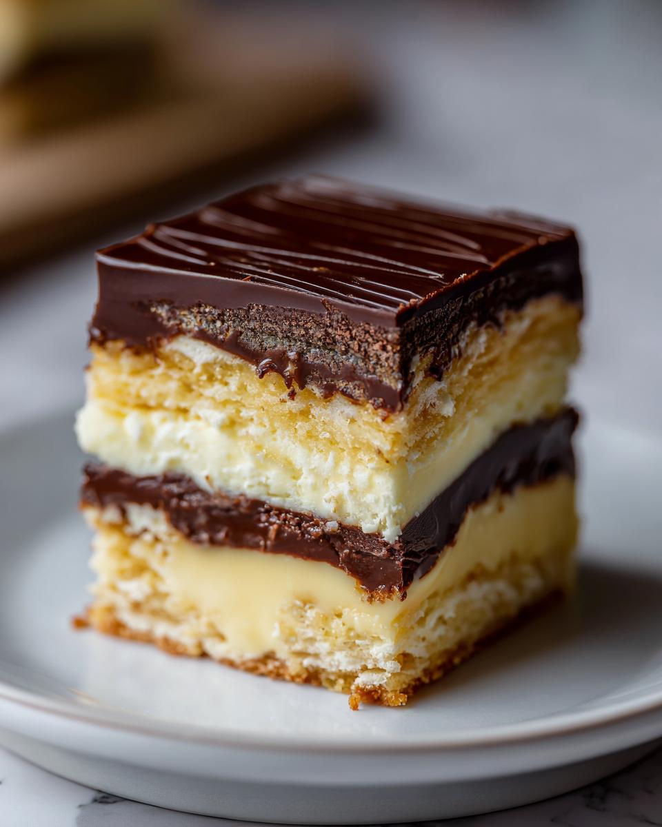 A decadent slice of Boston Cream Pie Fudge cake, featuring layers of cake, cream, and chocolate ganache.