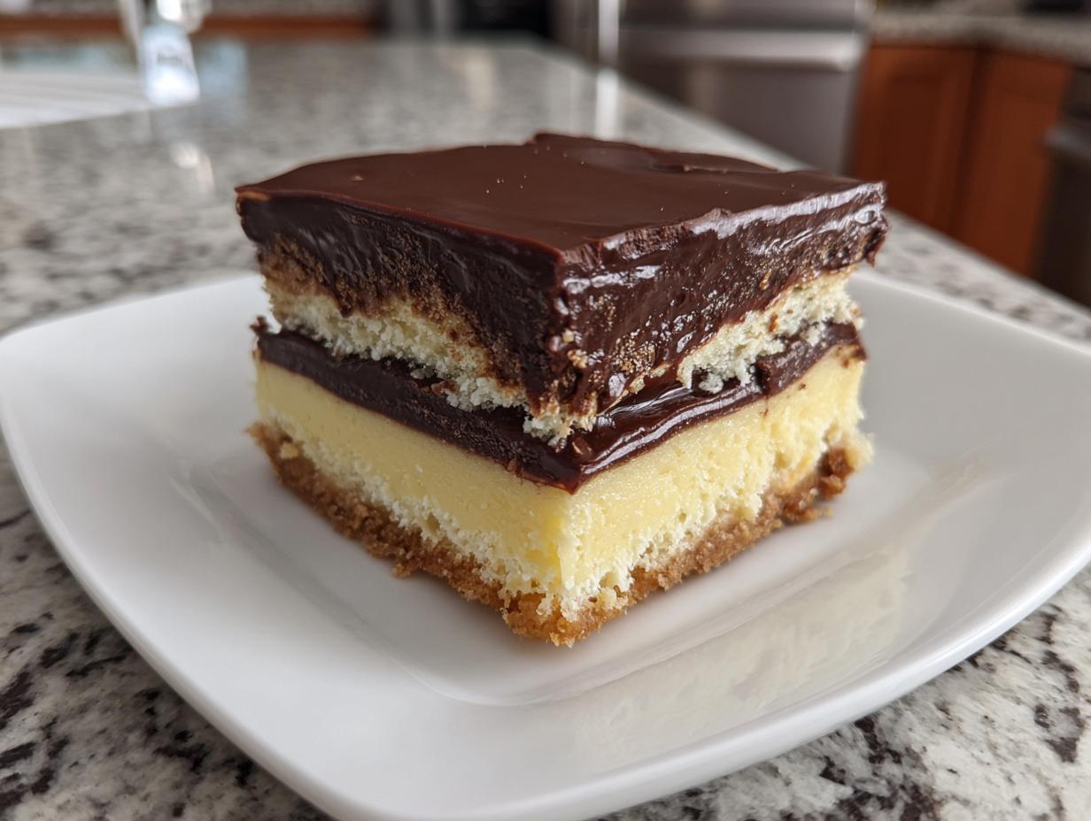 A decadent slice of Boston Cream Pie Fudge on a white plate, showcasing layers of crust, custard, cake, and chocolate ganache.