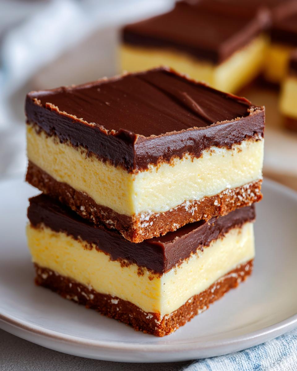 Two stacked slices of Boston Cream Pie Fudge on a white plate, showing layers of chocolate crust, creamy filling, and chocolate ganache.