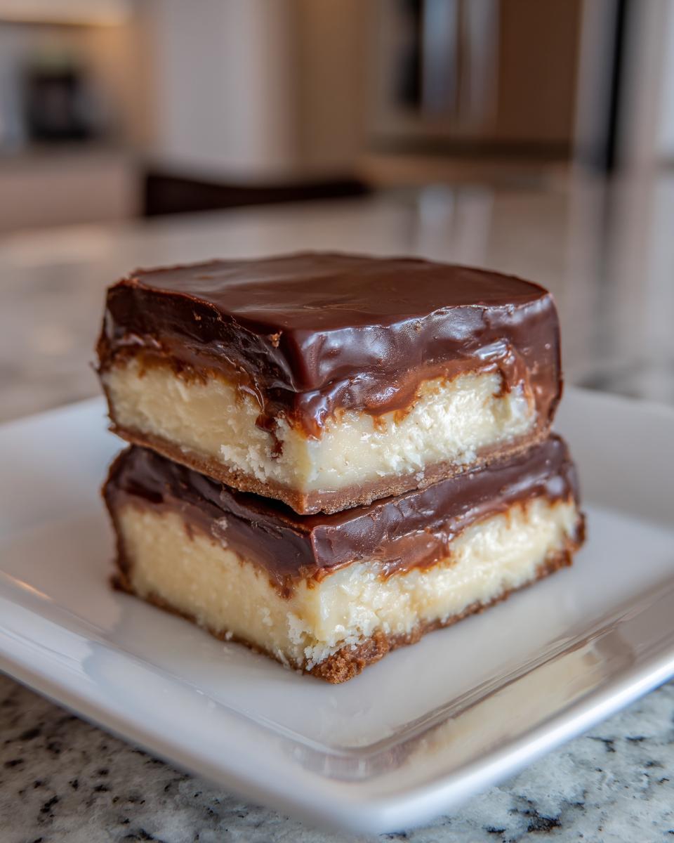 Two squares of Boston cream pie fudge stacked on a white plate, showcasing the chocolate ganache, creamy filling, and cookie crust.