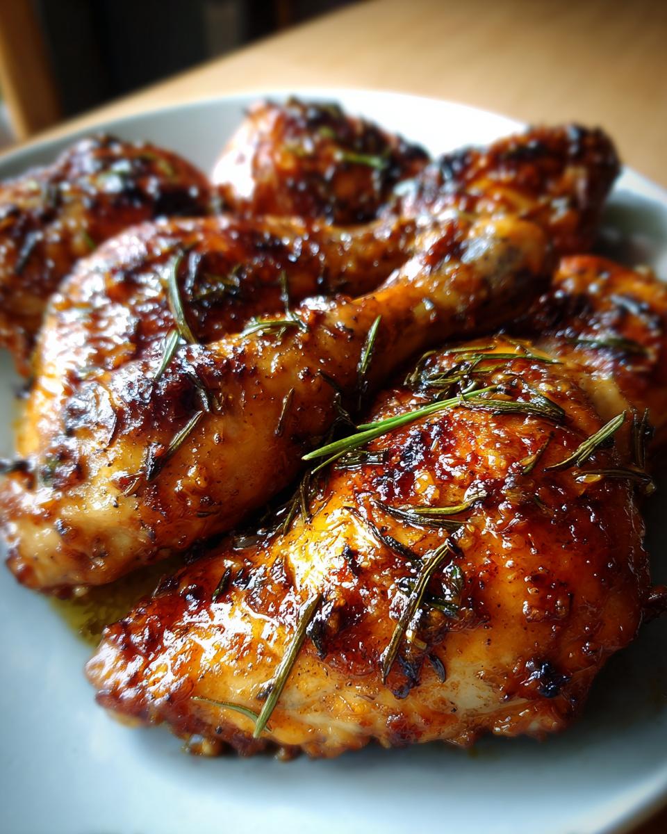Close-up of juicy brown sugar garlic chicken drumsticks garnished with rosemary.