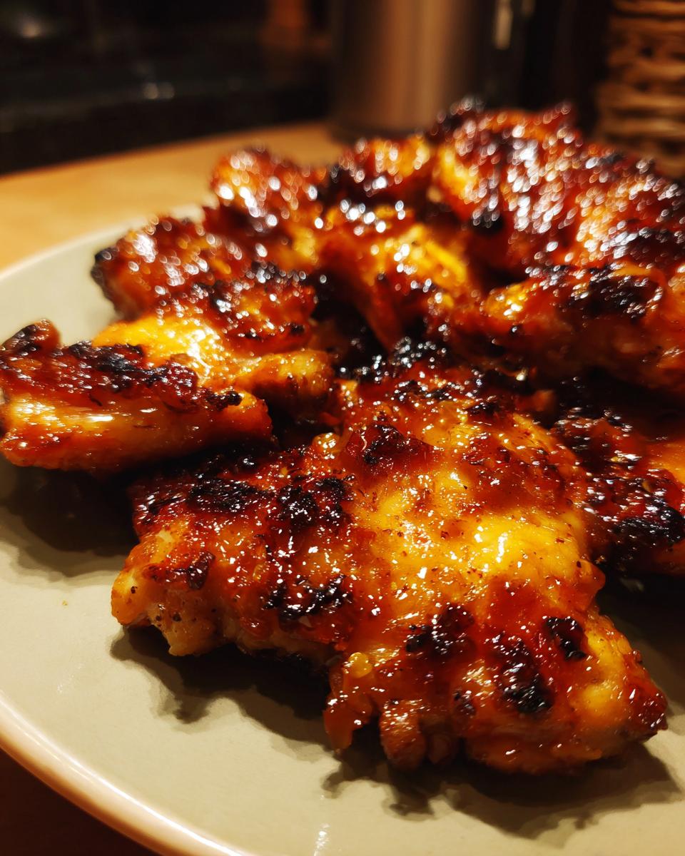 Close-up of glazed brown sugar garlic chicken pieces on a plate, showing a rich, caramelized coating.
