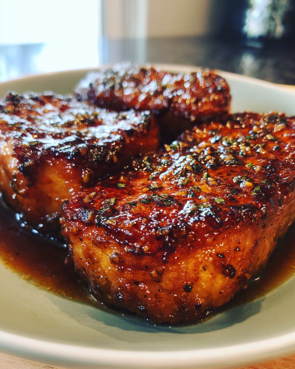 Close-up of succulent brown sugar garlic chicken pieces glazed and garnished with herbs.