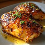 Close-up of two succulent brown sugar garlic chicken thighs glistening with sauce and fresh herbs.