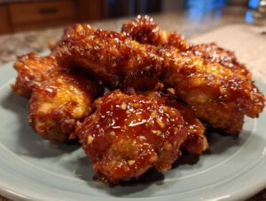 A plate of glistening brown sugar garlic chicken wings, coated in a rich, sticky glaze with visible garlic pieces.