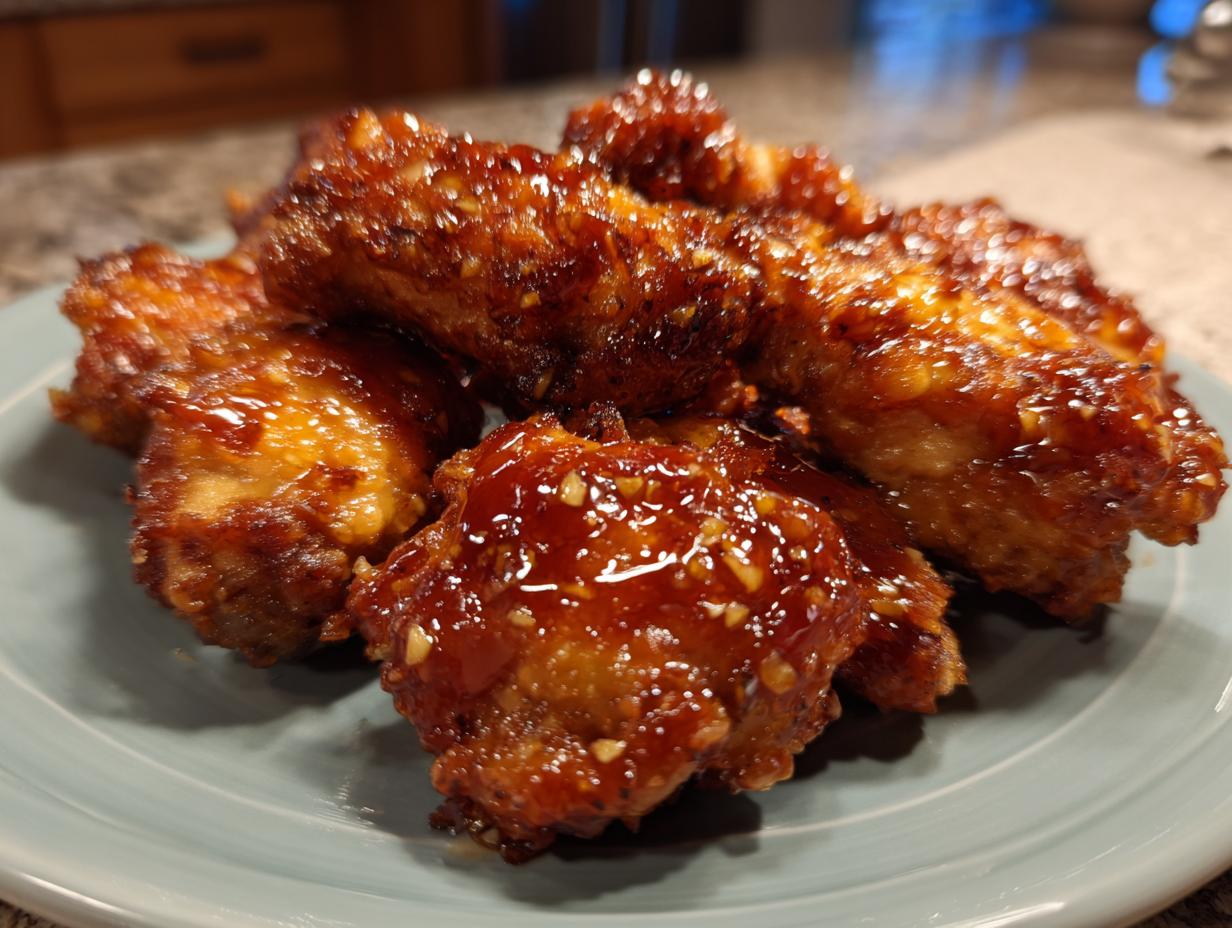 A plate of glistening brown sugar garlic chicken wings, coated in a rich, sticky glaze with visible garlic pieces.