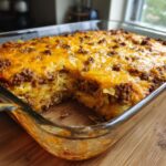A close-up of a Cajun cabbage casserole in a glass baking dish, topped with melted cheddar cheese and seasoned ground beef.