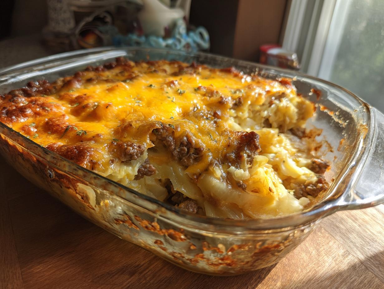 A close-up of a golden-brown Cajun cabbage casserole topped with melted cheese and ground beef.