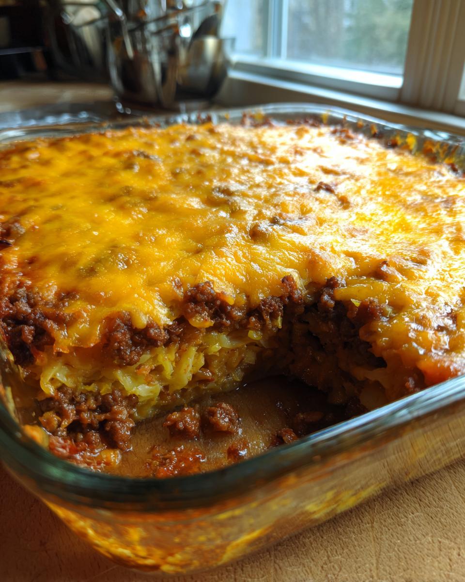 A close-up of a Cajun cabbage casserole in a glass dish, topped with melted cheddar cheese and a savory meat mixture.