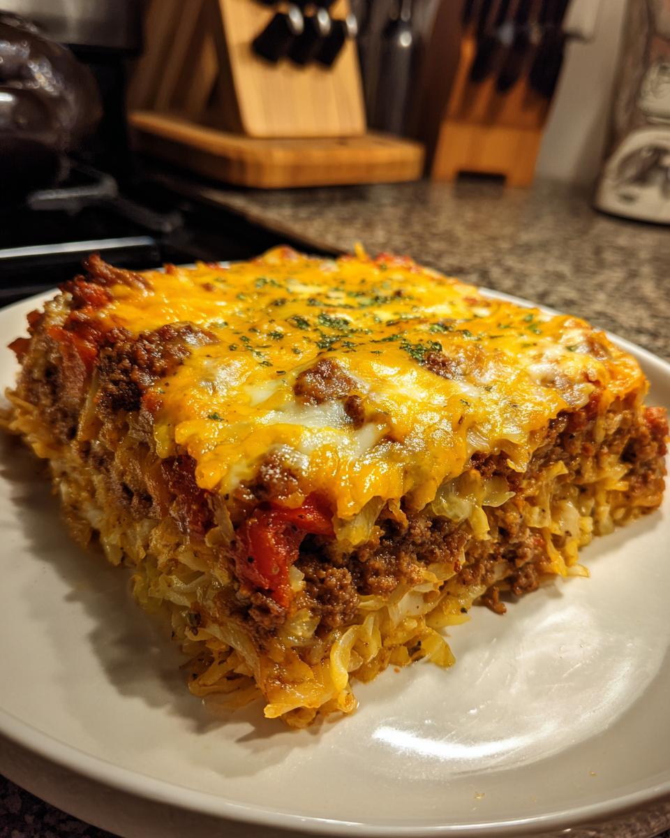 A generous slice of Cajun cabbage casserole with ground meat and melted cheese on a white plate.