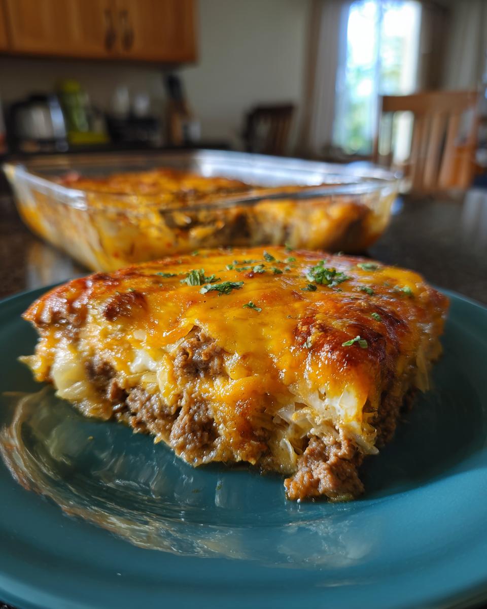A delicious slice of Cajun cabbage casserole with ground meat and melted cheese, garnished with parsley.
