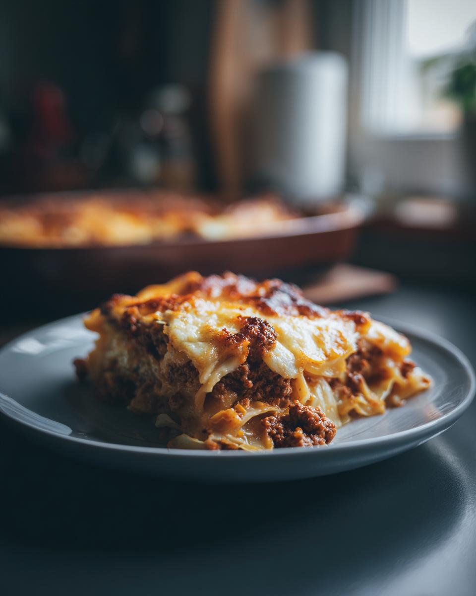 A slice of delicious Cajun cabbage casserole with layers of meat and cheese on a plate.