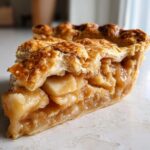 Close-up of a thick slice of Caramel apple pie showing gooey filling and a golden, flaky top crust.