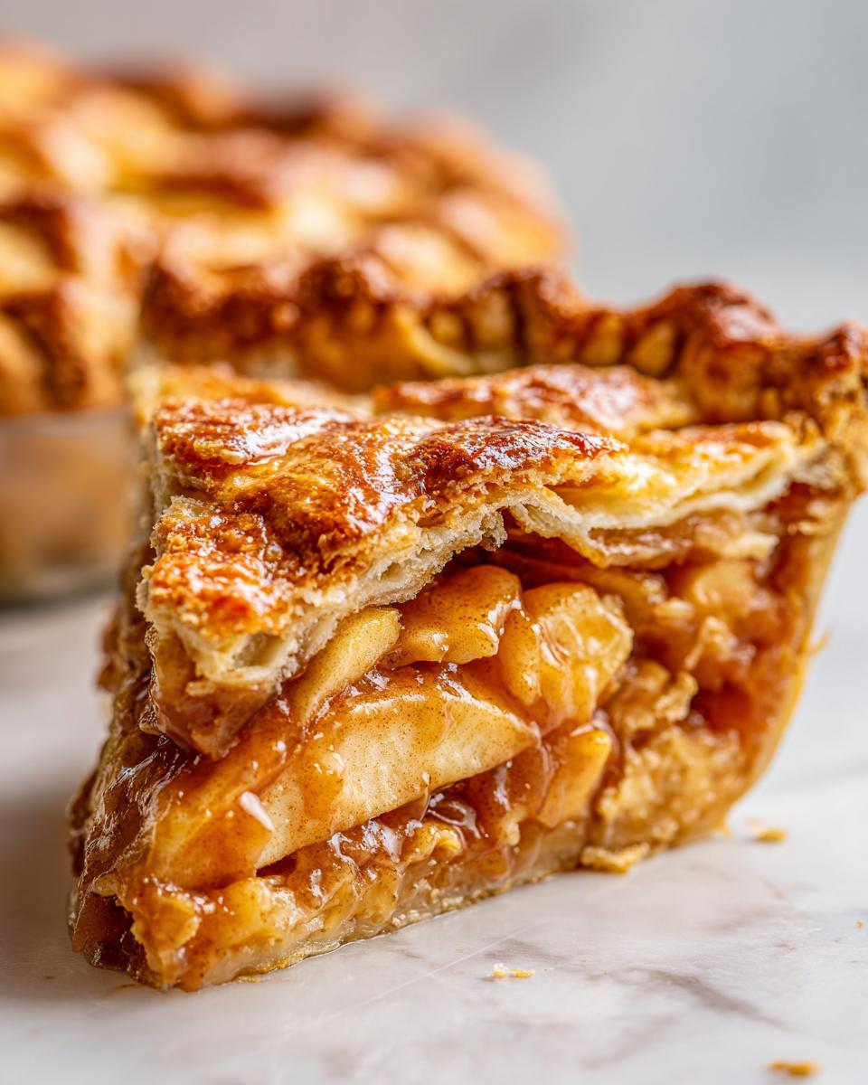 Close-up of a thick slice of Caramel apple pie showing gooey filling and flaky crust.