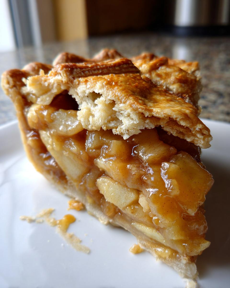 Close-up of a thick slice of Caramel apple pie showing gooey apple filling and a golden, flaky top crust.