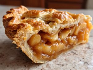 A close-up view of a slice of caramel apple pie showing flaky golden crust and rich, gooey apple filling.