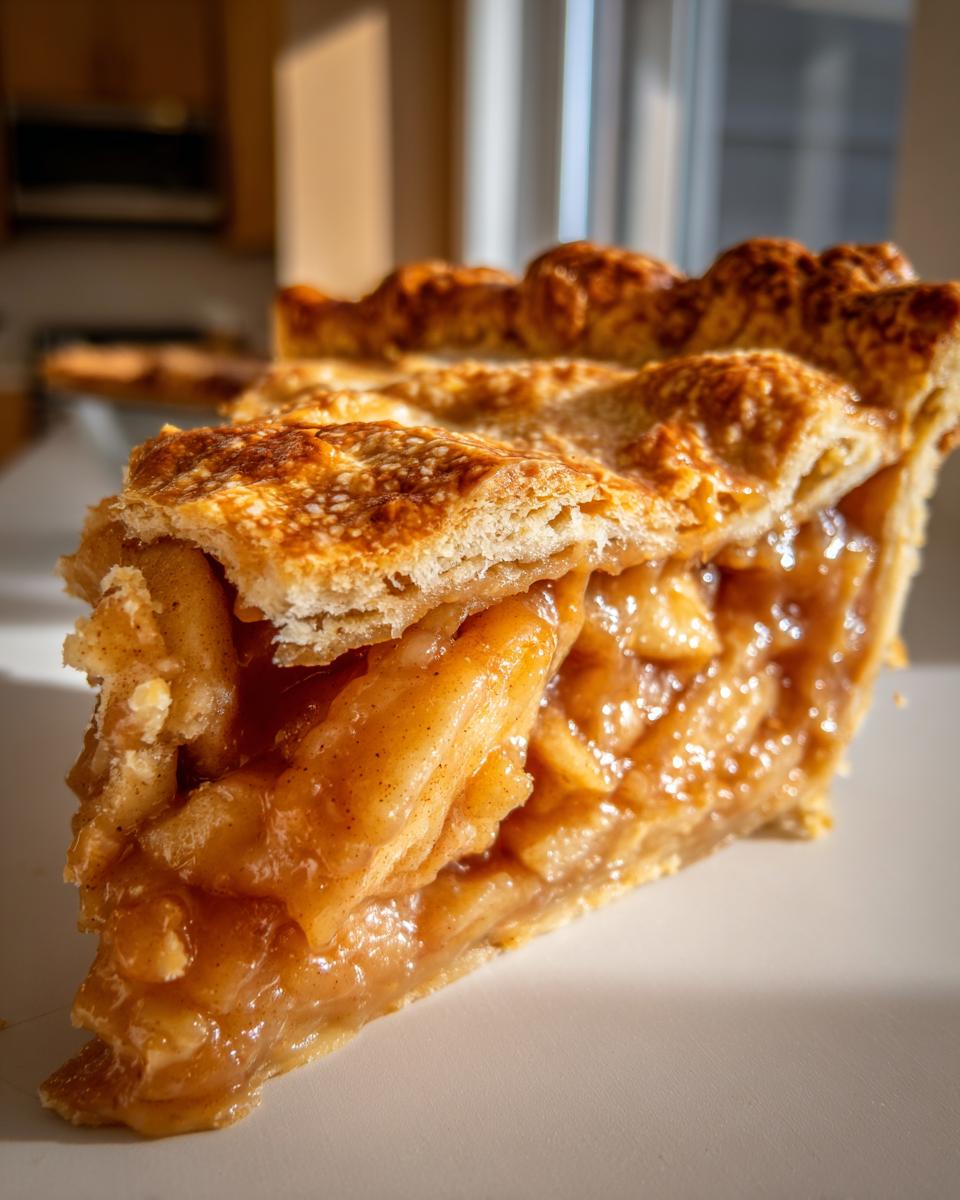 Close-up of a thick slice of Caramel apple pie showing gooey filling and golden, crimped crust.