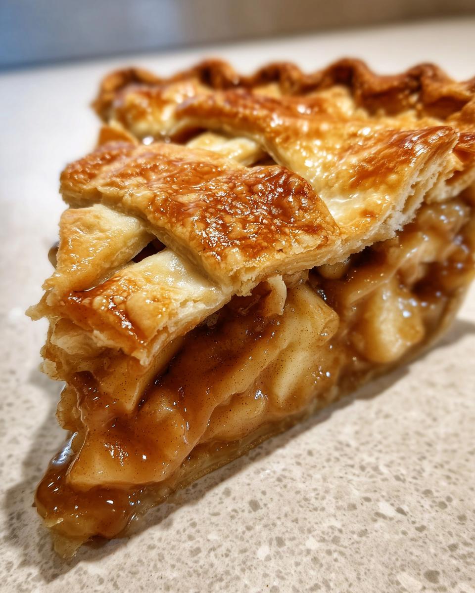 Close-up of a thick slice of caramel apple pie showing gooey filling and a golden, flaky lattice crust.