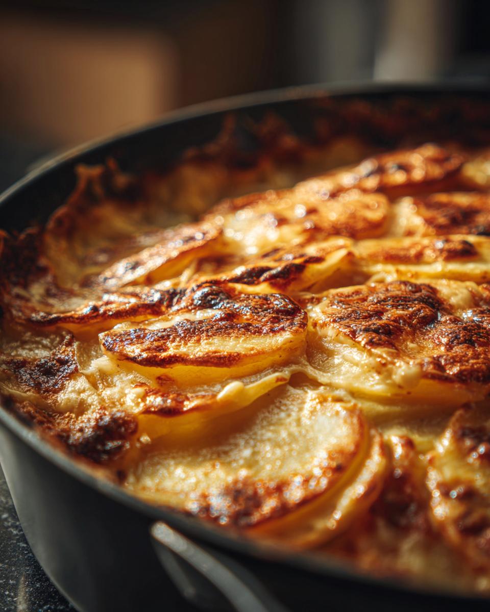 Close-up of golden brown, cheesy au gratin potatoes baked in a dish, with crispy edges.