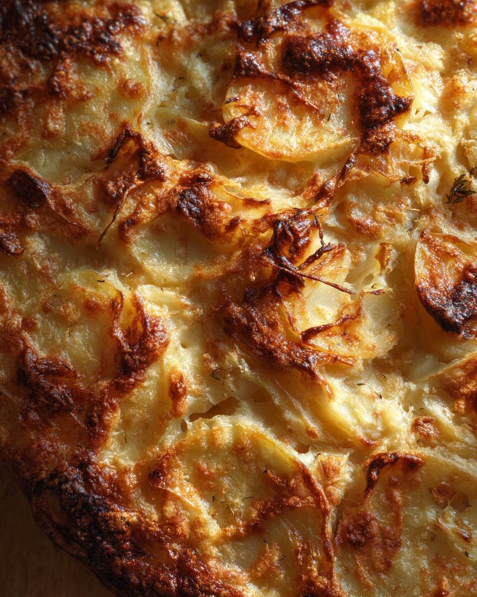 Close-up of golden brown, bubbly Cheesy Au Gratin Potatoes with crispy edges.