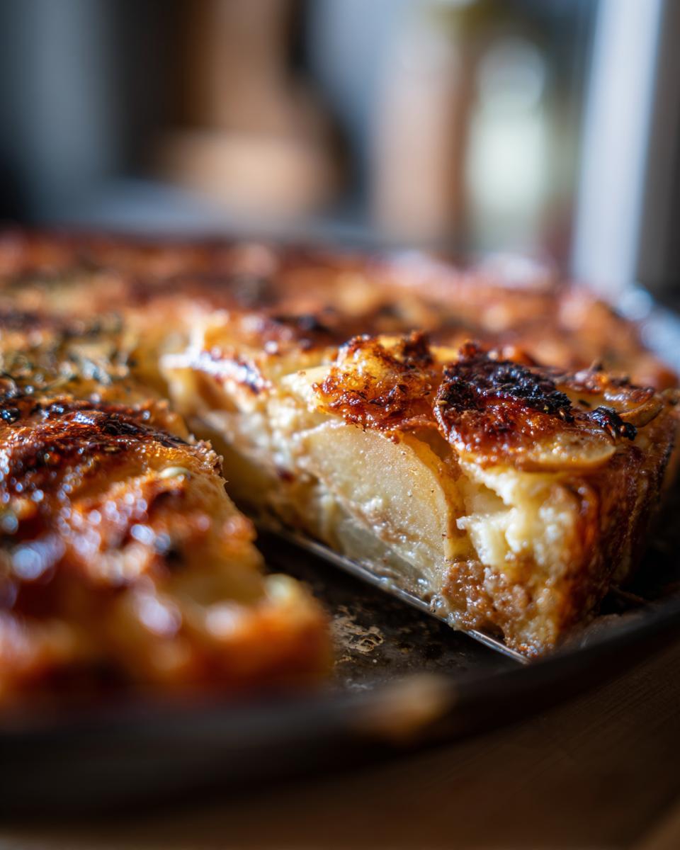 A close-up view of cheesy au gratin potatoes, with layers of thinly sliced potatoes baked to a golden brown.