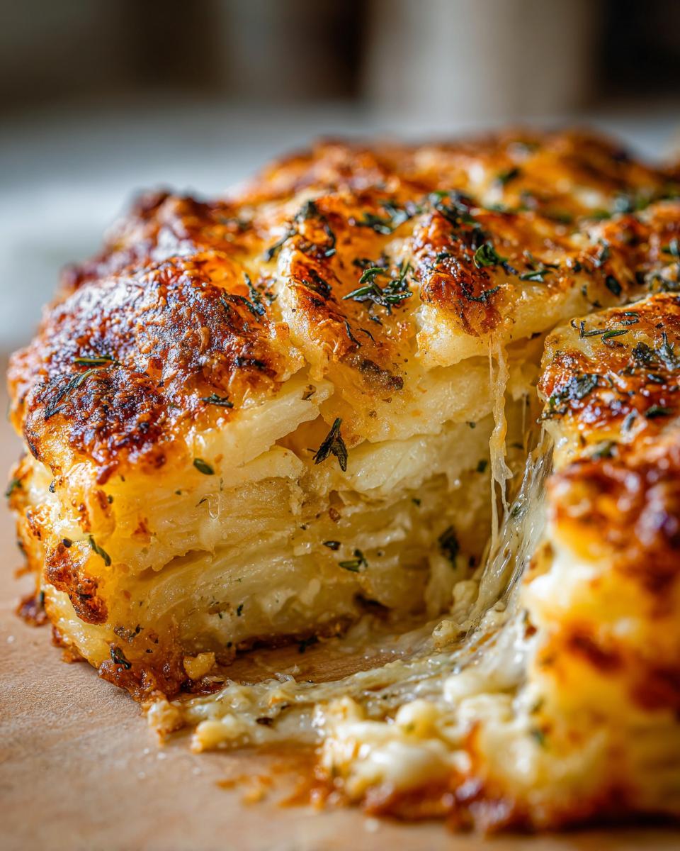 Close-up of cheesy au gratin potatoes, showing layers of thinly sliced potatoes baked with cheese and herbs.