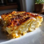 A close-up of a slice of cheesy au gratin potatoes, showing layers of thinly sliced potatoes baked in a creamy sauce with a golden-brown cheesy topping.
