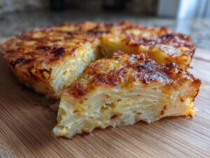 A slice of cheesy au gratin potatoes showing layers of thinly sliced potatoes and melted cheese.