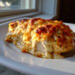 A close-up of a baked chicken breast covered in bubbly, browned cheese sauce, demonstrating melt in your mouth chicken.