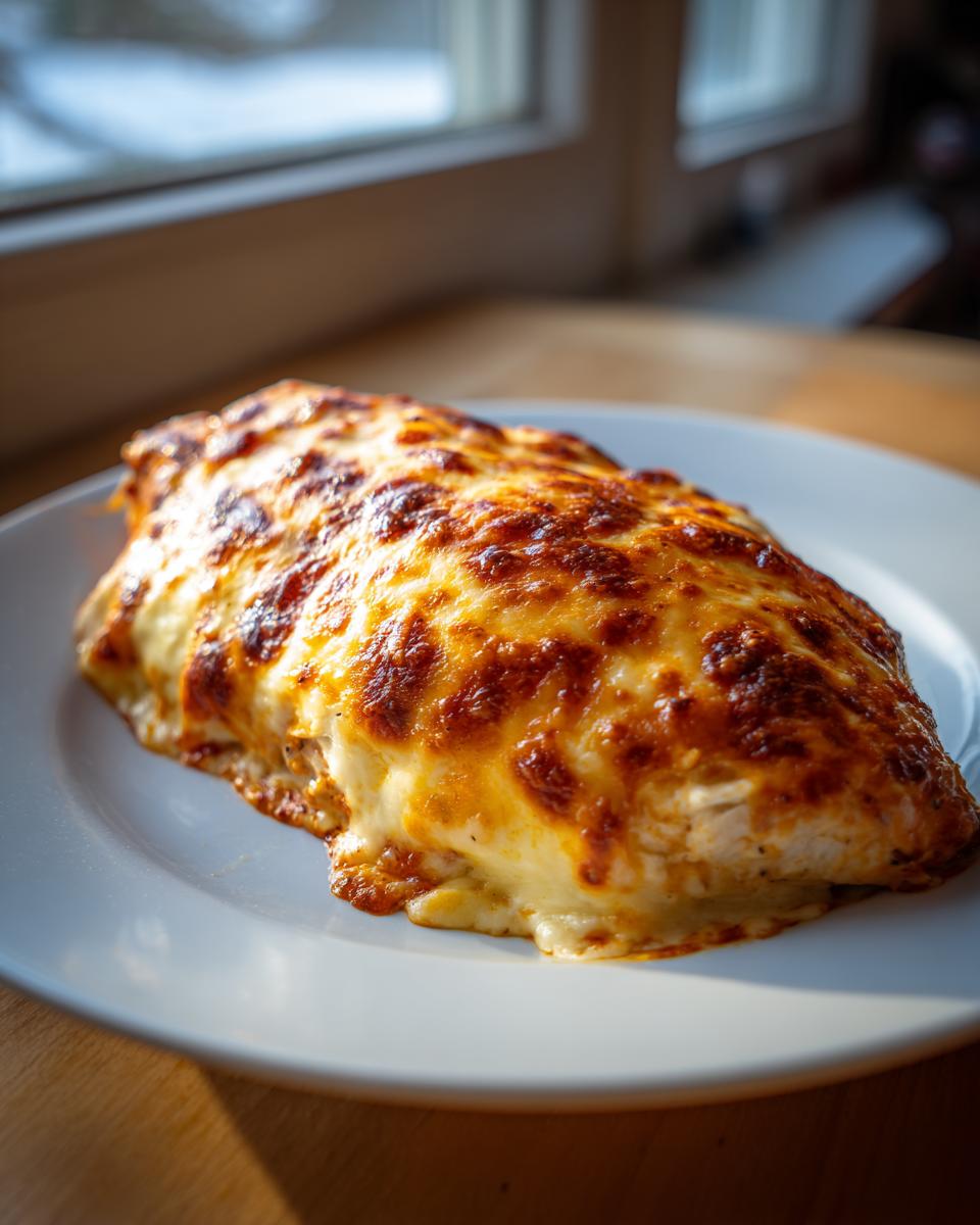 A baked chicken breast topped with bubbly, browned, melted cheese, ready to be served for melt in your mouth chicken.