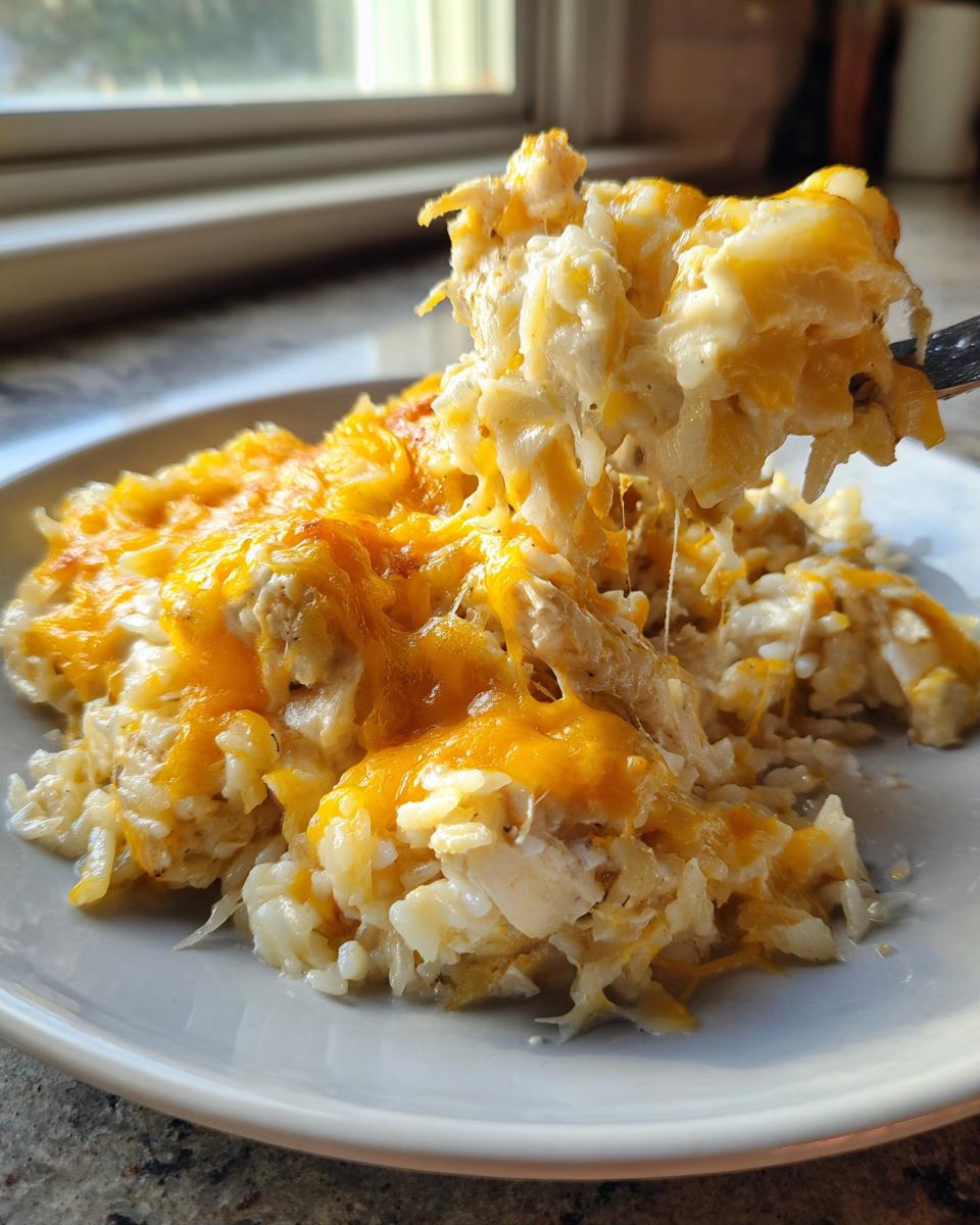 A fork lifts a portion of creamy, cheesy chicken and rice casserole, showing melted cheddar cheese strings.