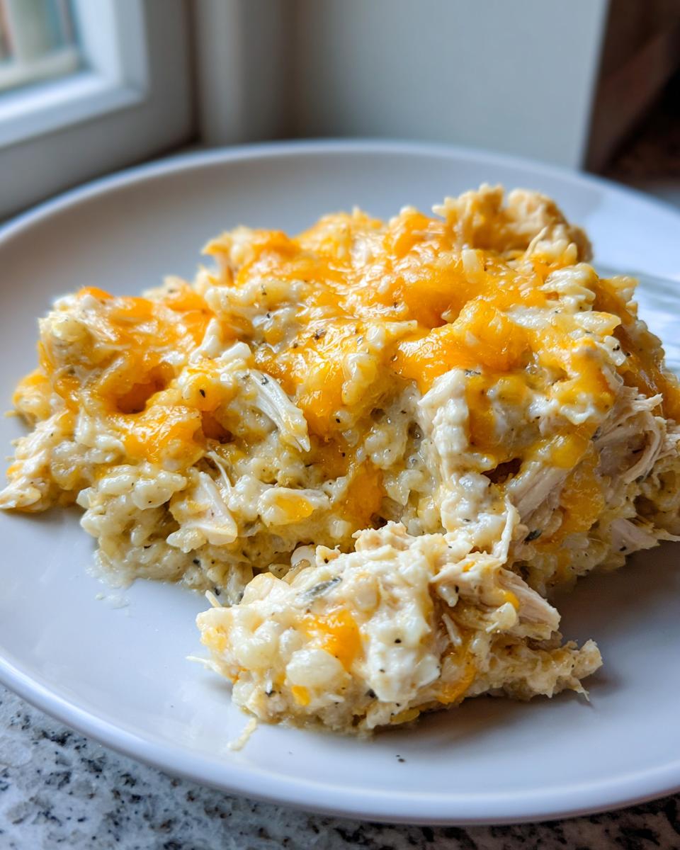 A close-up serving of creamy, shredded cheesy chicken and rice topped with melted cheddar cheese.