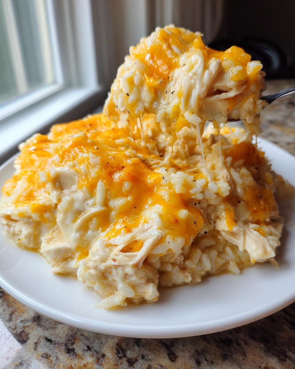 A spoonful of creamy, cheesy chicken and rice is lifted from a white plate, showing long strands of melted cheese.