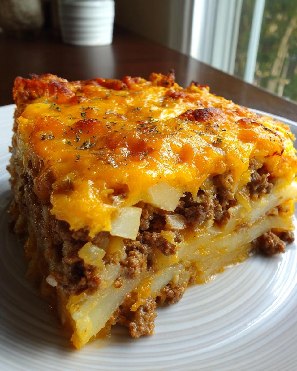 A thick slice of cheesy ground beef and potato casserole with melted cheddar cheese on top.