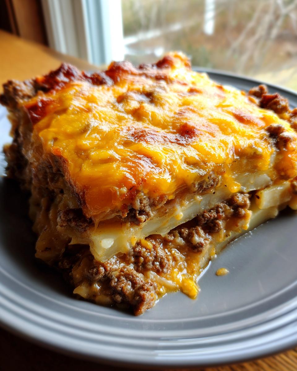 A thick slice of cheesy ground beef and potato casserole with melted cheddar cheese on top, served on a gray plate.
