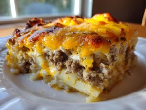 A close-up of a thick slice of cheesy ground beef and potato casserole with a golden, bubbly cheese crust.