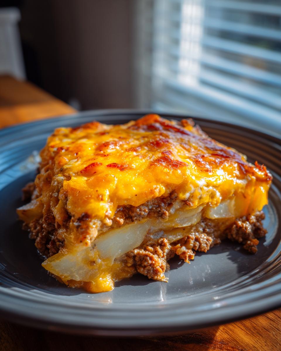 A generous slice of cheesy ground beef and potato casserole with melted, browned cheese topping.