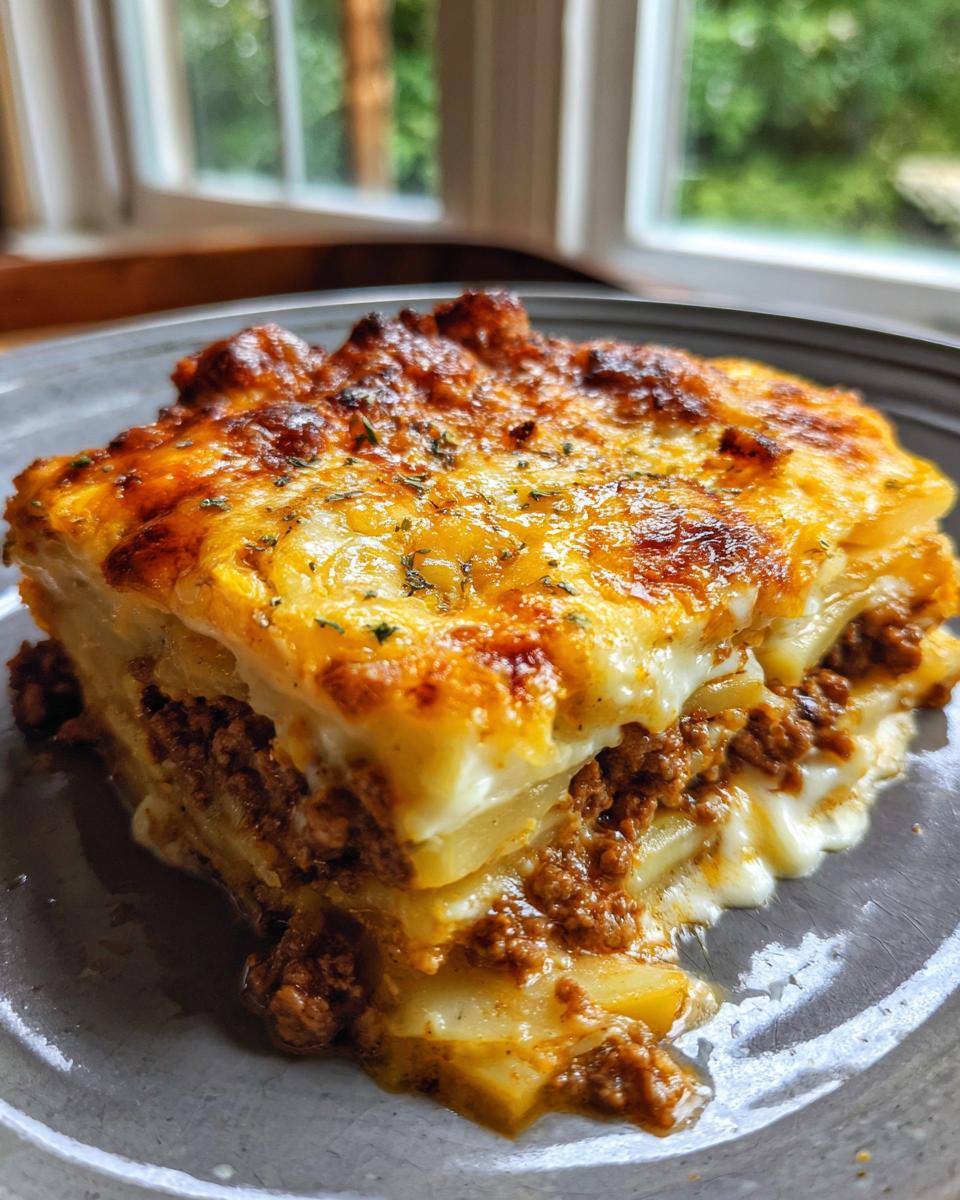 A thick slice of cheesy ground beef and potato casserole with layers of meat and melted cheese.