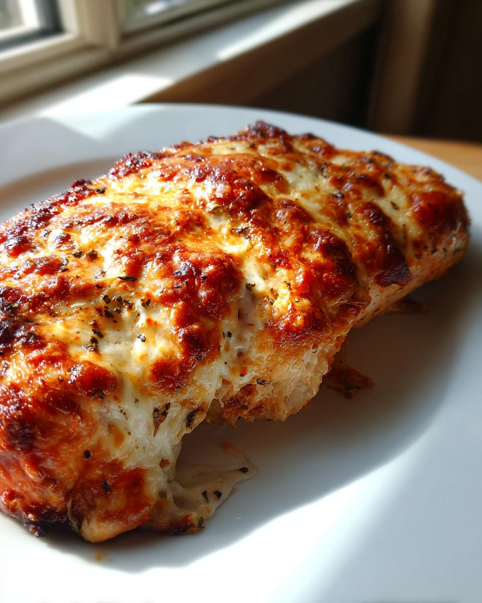 Close-up of a baked chicken breast topped with bubbly, browned cheese, showing a delicious melt in your mouth texture.