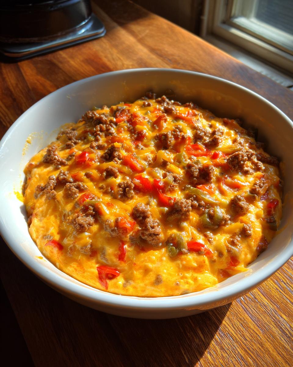 A white bowl filled with bubbling, cheesy rotel dip topped with seasoned ground beef and diced peppers.
