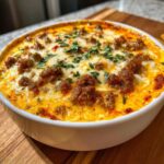 Close-up of a bubbling, cheesy rotel dip topped with seasoned ground sausage and fresh parsley.