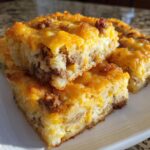 Close-up of stacked, golden-brown squares of tater tot breakfast casserole with sausage and melted cheese.