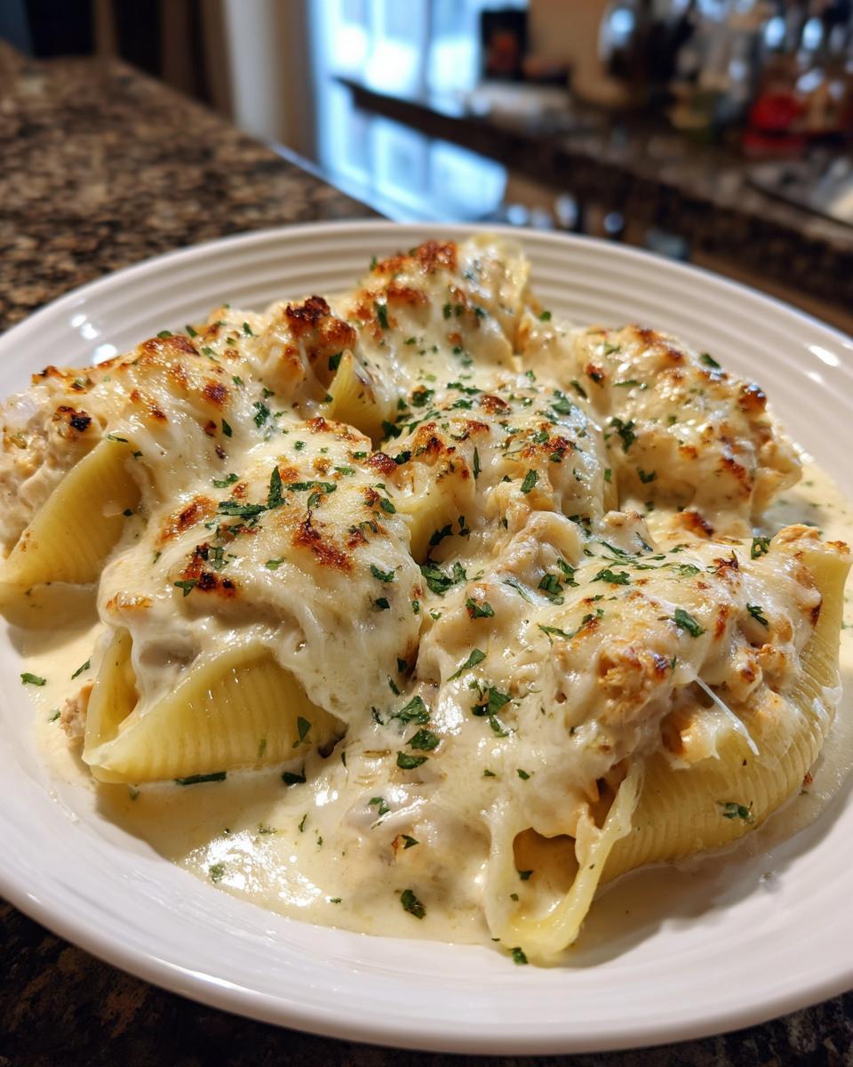 A plate of baked chicken alfredo stuffed shells covered in melted, bubbly cheese and parsley.