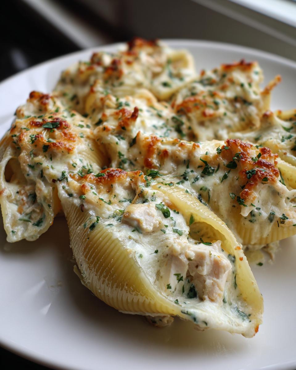 Close-up of baked chicken alfredo stuffed shells topped with melted, browned cheese and fresh parsley.
