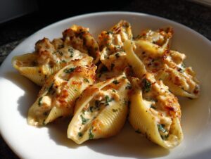 Close-up of baked chicken alfredo stuffed shells filled with creamy sauce and herbs on a white plate.