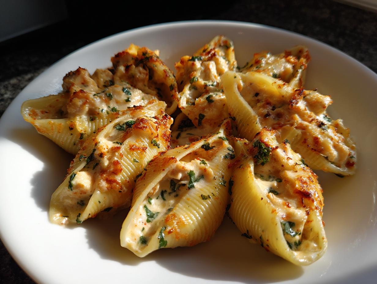Close-up of baked chicken alfredo stuffed shells filled with creamy sauce and herbs on a white plate.