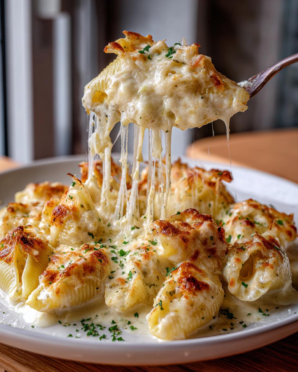 A fork lifts one of the baked chicken alfredo stuffed shells, showing long, dramatic cheese pulls.